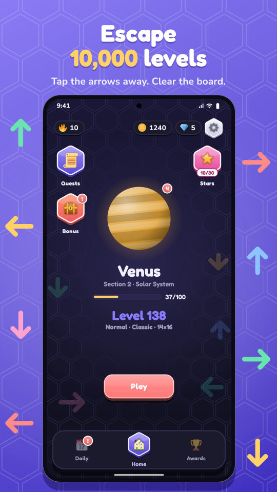 Home screen with Venus in the arena and level 138 ready to play