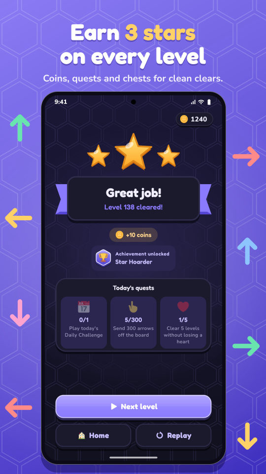 Level cleared with three stars and coins earned