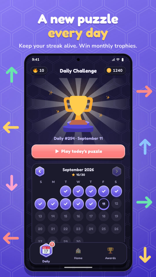 The Daily Challenge calendar with a ten-day streak