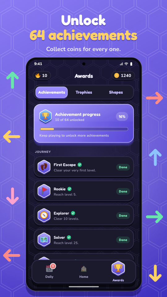 Achievements, with 10 of 64 unlocked